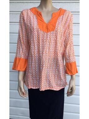 Gretchen Scott Designs Women's Tunic Blouse sz M Orange Geometric Circular Chain